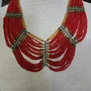 Vibrant Red and Gold Beaded Necklace